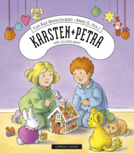Illustrasjon av Karsten og Petra som pynter pepperkakehus