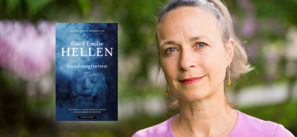 Foto av forfatter Gøril Emilie Hellen og omslaget til boka hennes "Hundreogtretten" lagt oppå. Utendørs, sommerlig.