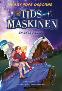 Bokomslag med illustrasjon av to barn og en ridder i rustning som rir på en hest