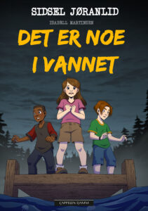 Bokomslag med illustrasjon av tre barn på en brygge