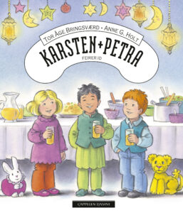 Bokomslag med illustrasjon av Karsten og Petra og melaninrik gutt