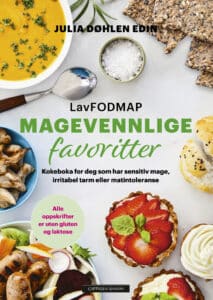 Omslag til «LavFODMAP - Magevennlige favoritter» av Julia Døhlen Edin