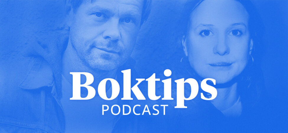 Foto av Henrik Langeland og Gine Cornelia Pedersen med logo til «Boktips' podcast»
