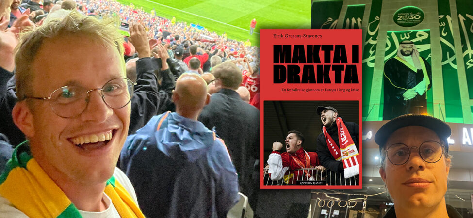 Foto av Eirik Grasaas-Stavenes på fotballkamp og boka «Makta i drakta»