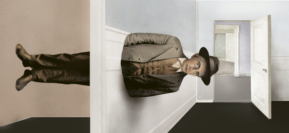 Utdrag fra omslaget til diktsamlingen Onkel, Onkel av Lars Saabye Christensen. En gammeldags kledd mann med hatt som ligger vannrett gjennom en vegg.