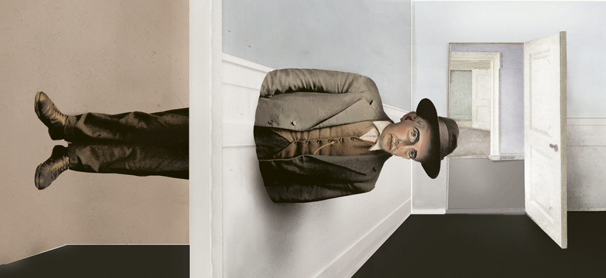 Utdrag fra omslaget til diktsamlingen Onkel, Onkel av Lars Saabye Christensen. En gammeldags kledd mann med hatt som ligger vannrett gjennom en vegg.