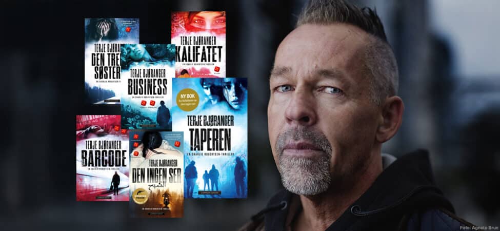 Foto av Terje Bjøranger pluss omslagene til alle krimbøkene hans lagt oppå.