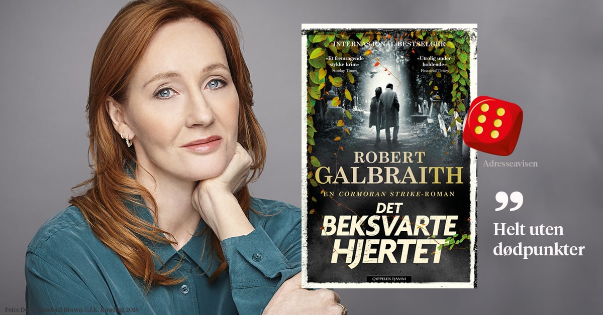 Foto av Robert Galbraith / J.K. Rowling og omslag til «Det beksvarte hjertet»
