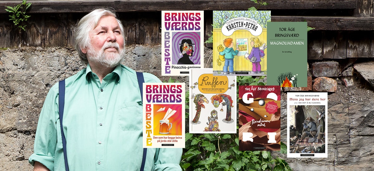 Foto av Tor Åge Bringsværd med omslagene til syv av hans beste bøker lagt oppå